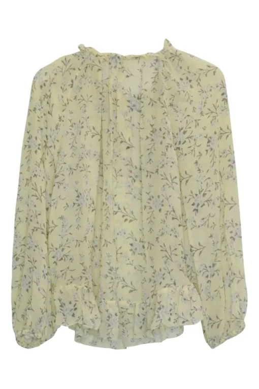 Yellow silk floral print pullover tie-neck tunic top with blouson sleeves