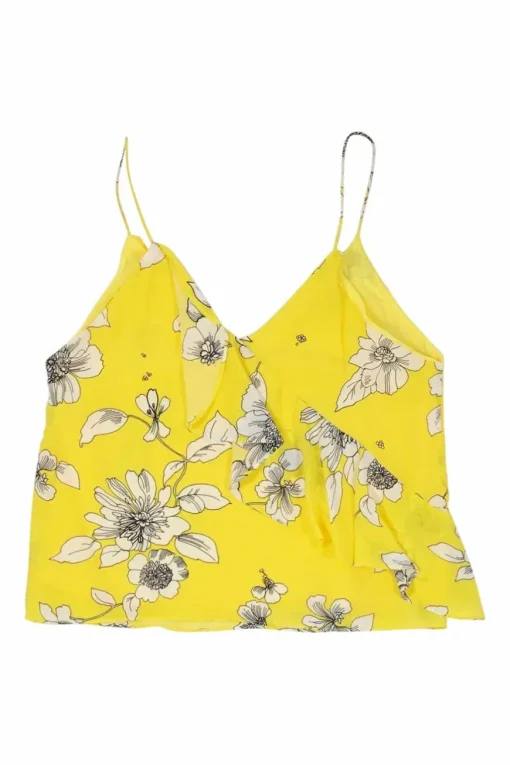 Yellow silk floral print cascade ruffle Lavonia camisole with fixed spaghetti straps
