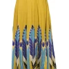 Yellow silk graphic feather print pull-on high-rise plissé midi skirt