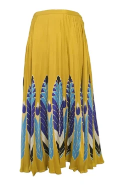 Yellow silk graphic feather print pull-on high-rise plissé midi skirt