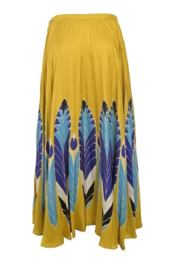 Yellow silk graphic feather print pull-on high-rise plissé midi skirt