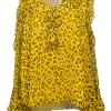Yellow silk leopard print plunge neck cold-shoulder blouse with cascade ruffle trim appliqué