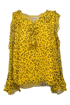 Yellow silk leopard print plunge neck cold-shoulder blouse with cascade ruffle trim appliqué