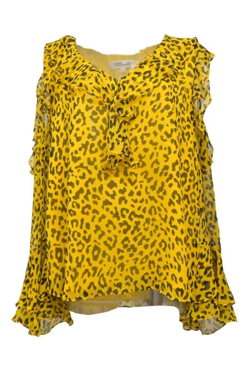 Yellow silk leopard print plunge neck cold-shoulder blouse with cascade ruffle trim appliqué