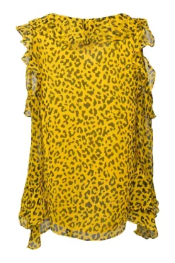 Yellow silk leopard print plunge neck cold-shoulder blouse with cascade ruffle trim appliqué