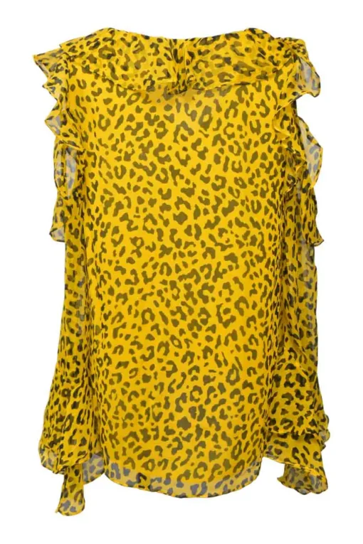 Yellow silk leopard print plunge neck cold-shoulder blouse with cascade ruffle trim appliqué
