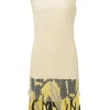 Yellow silk mixed-media pullover drop-waist shift dress with plissé hem insert