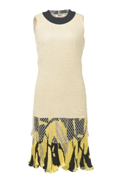 Yellow silk mixed-media pullover drop-waist shift dress with plissé hem insert