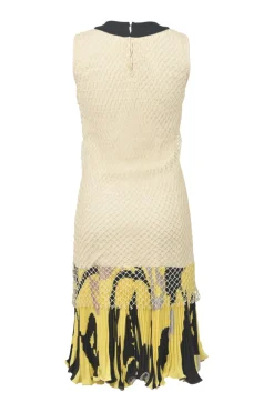 Yellow silk mixed-media pullover drop-waist shift dress with plissé hem insert