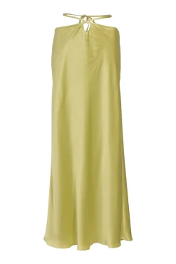 Yellow silk satin Grecian halter-neck slip dress with adjustable nape-tie fastening