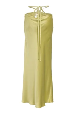Yellow silk satin Grecian halter-neck slip dress with adjustable nape-tie fastening