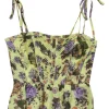 Yellow silk-cotton blend floral print bustier-style top with adjustable ribbon tie straps and pintuck details