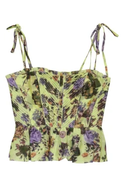 Yellow silk-cotton blend floral print bustier-style top with adjustable ribbon tie straps and pintuck details