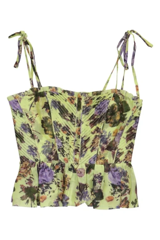 Yellow silk-cotton blend floral print bustier-style top with adjustable ribbon tie straps and pintuck details