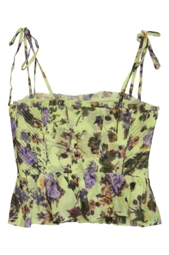Yellow silk-cotton blend floral print bustier-style top with adjustable ribbon tie straps and pintuck details