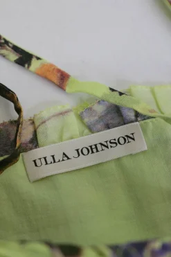Yellow silk-cotton blend floral print bustier-style top with adjustable ribbon tie straps and pintuck details