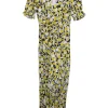 Yellow silk-cotton blend V-neck micro tulip print Ariel puff sleeve ruched midi A-line slit dress