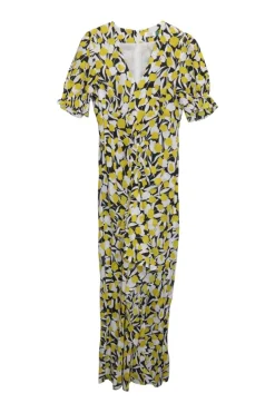 Yellow silk-cotton blend V-neck micro tulip print Ariel puff sleeve ruched midi A-line slit dress