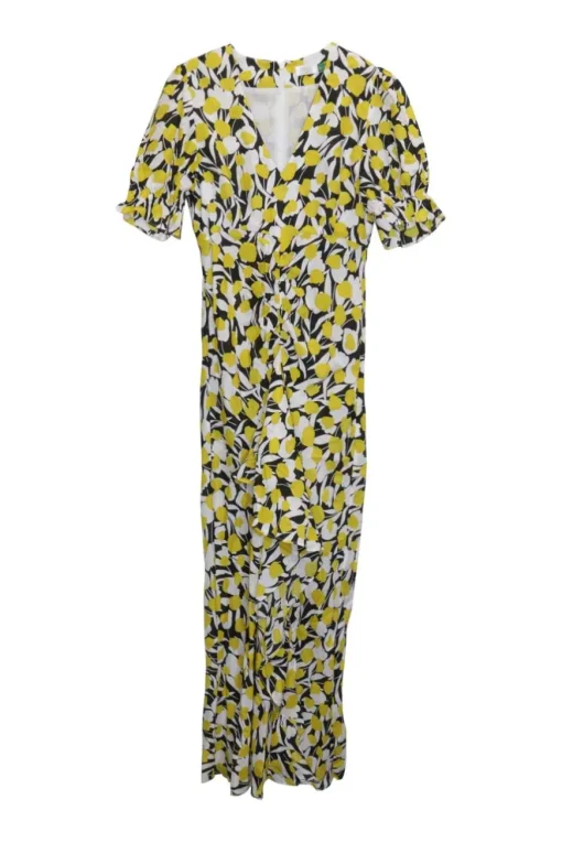 Yellow silk-cotton blend V-neck micro tulip print Ariel puff sleeve ruched midi A-line slit dress