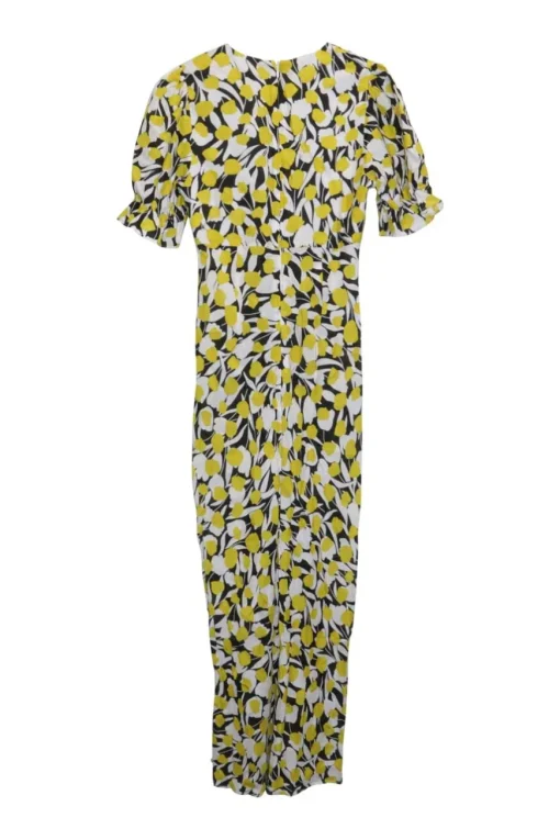 Yellow silk-cotton blend V-neck micro tulip print Ariel puff sleeve ruched midi A-line slit dress