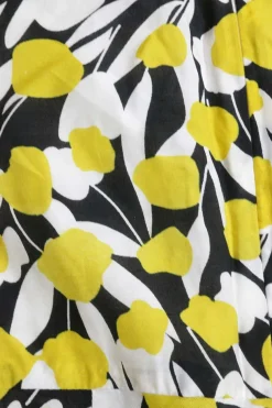 Yellow silk-cotton blend V-neck micro tulip print Ariel puff sleeve ruched midi A-line slit dress