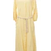 Yellow striped linen voile band collar button-front belted tunic-style shirt dress with blouson sleeves