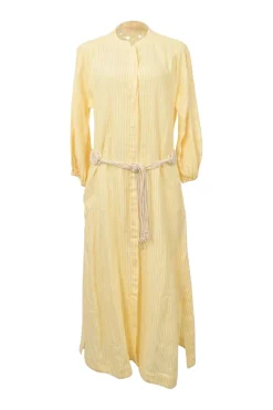 Yellow striped linen voile band collar button-front belted tunic-style shirt dress with blouson sleeves