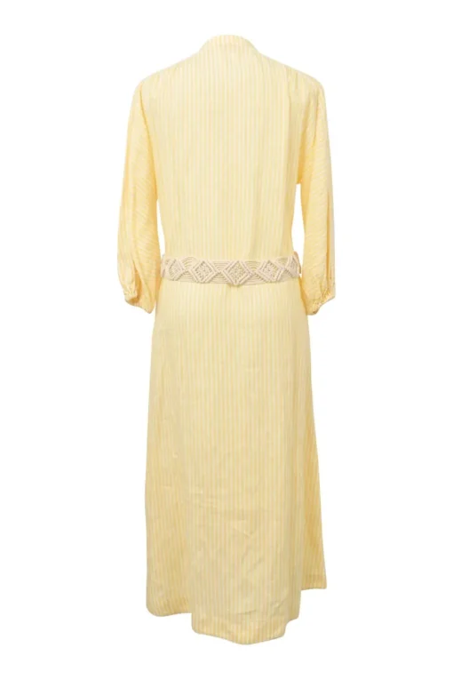 Yellow striped linen voile band collar button-front belted tunic-style shirt dress with blouson sleeves