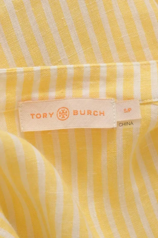 Yellow striped linen voile band collar button-front belted tunic-style shirt dress with blouson sleeves