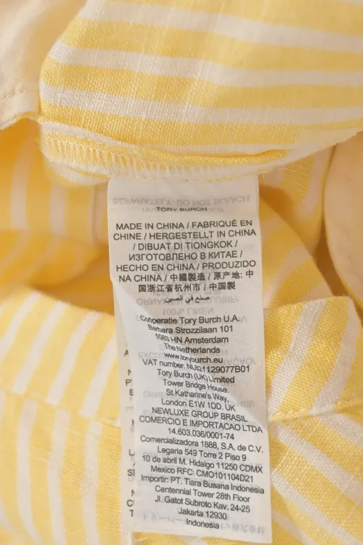 Yellow striped linen voile band collar button-front belted tunic-style shirt dress with blouson sleeves