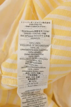 Yellow striped linen voile band collar button-front belted tunic-style shirt dress with blouson sleeves