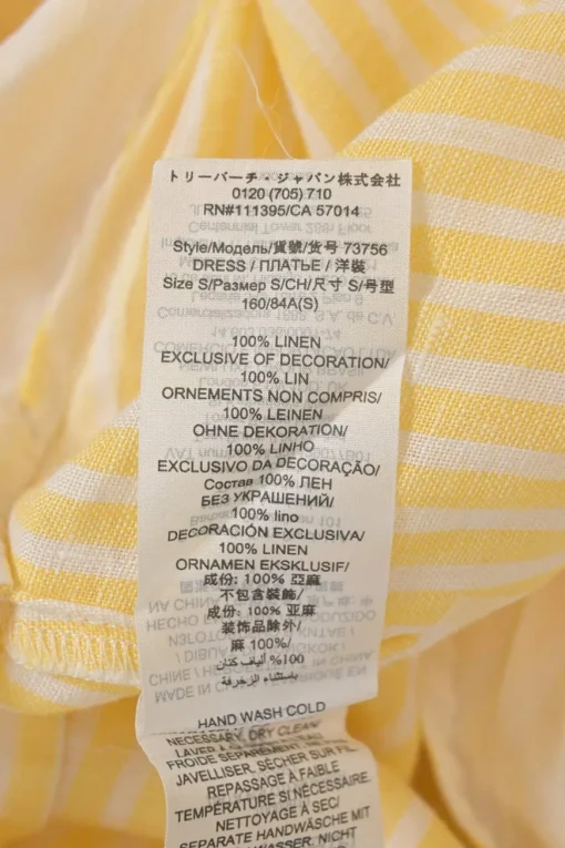 Yellow striped linen voile band collar button-front belted tunic-style shirt dress with blouson sleeves