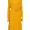 Yellow viscose dagger collar half-button belted shirt dress