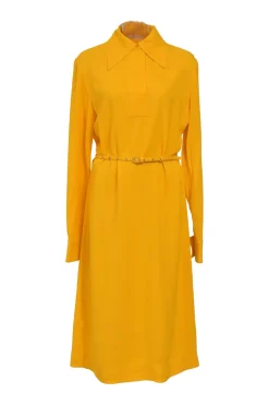 Yellow viscose dagger collar half-button belted shirt dress