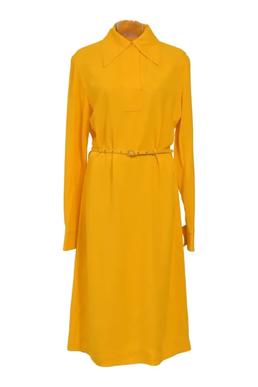 Yellow viscose dagger collar half-button belted shirt dress