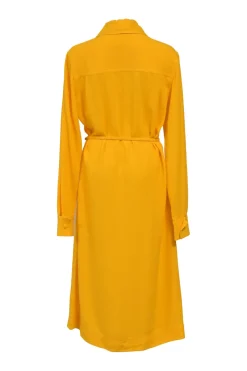 Yellow viscose dagger collar half-button belted shirt dress
