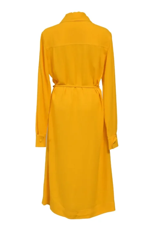 Yellow viscose dagger collar half-button belted shirt dress