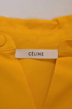 Yellow viscose dagger collar half-button belted shirt dress