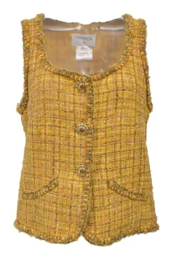 Yellow wool-blend bouclé tweed button-front tailored waistcoat with tonal Gripoix shank buttons
