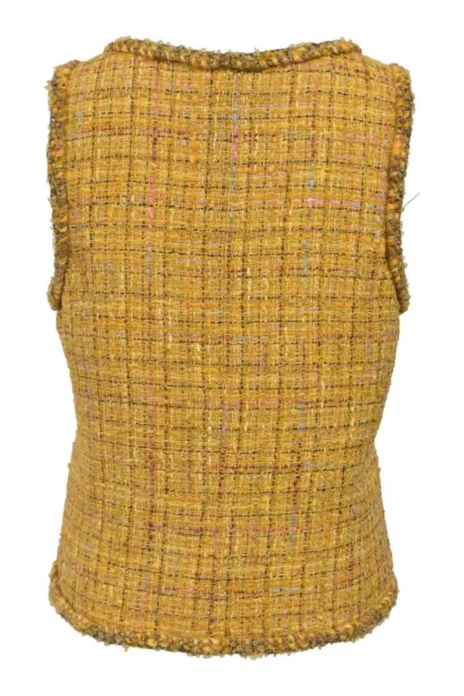 Yellow wool-blend bouclé tweed button-front tailored waistcoat with tonal Gripoix shank buttons