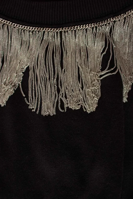 YSL cotton sweatshirt in black with chain fringe around neck